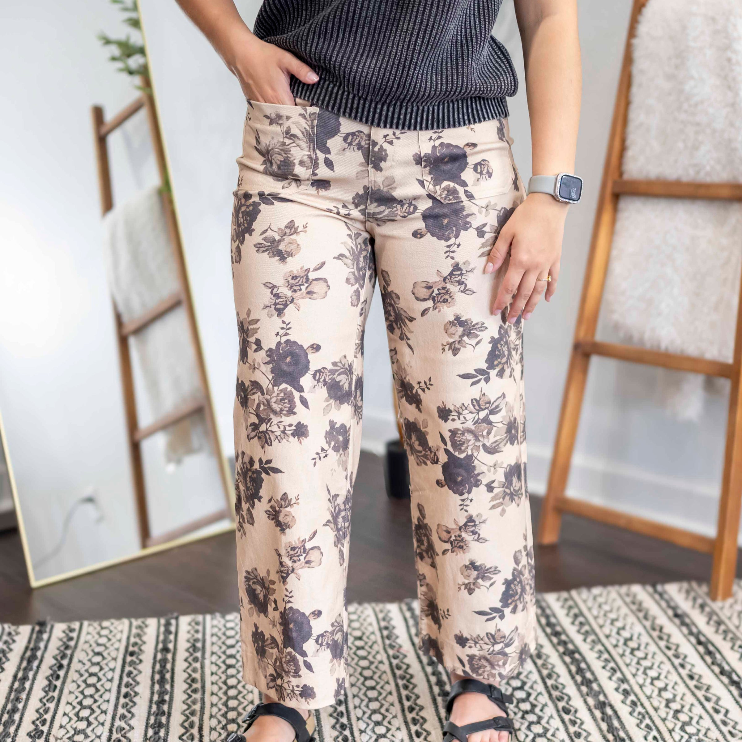 Taupe Charcoal Floral Crop Pants My Site