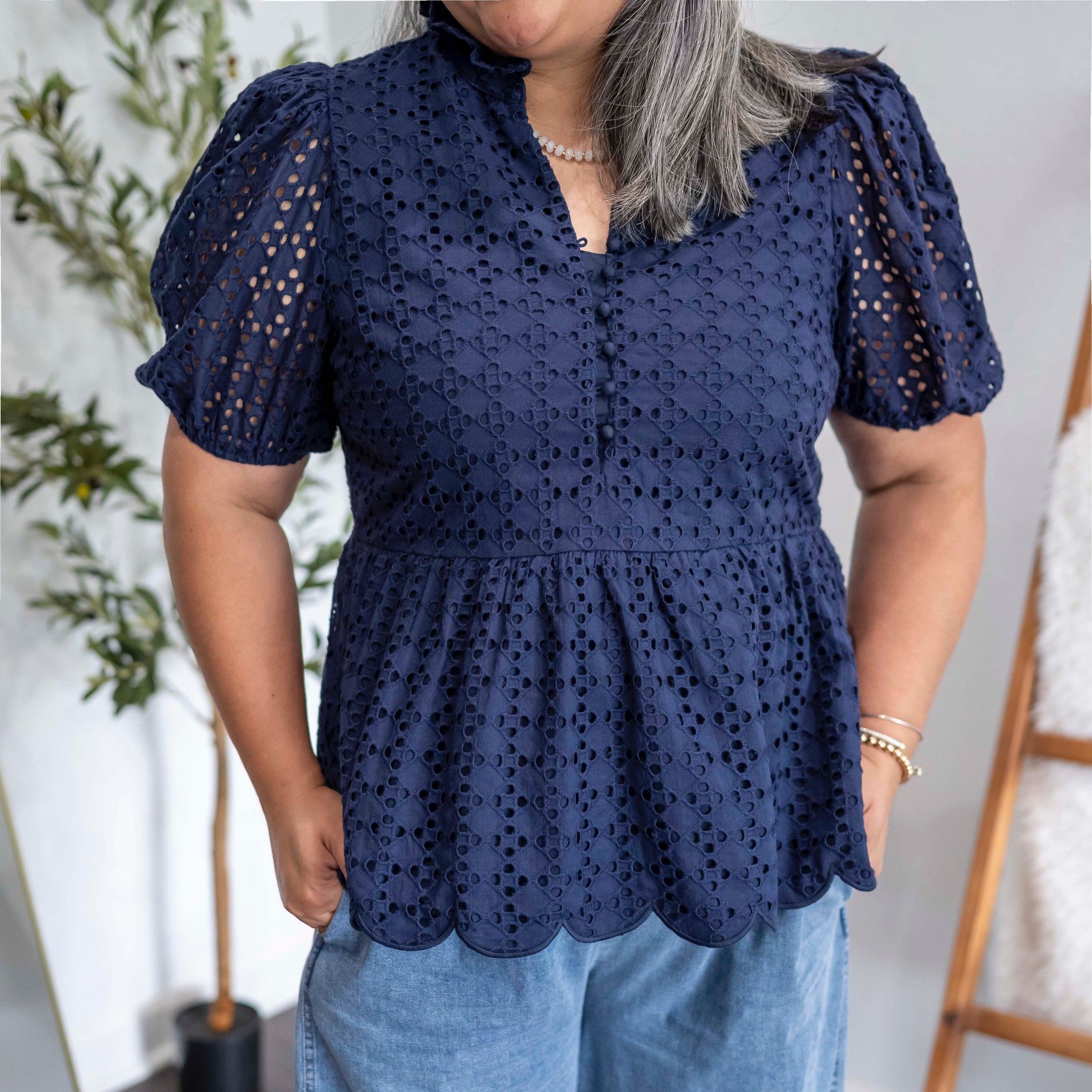3130. P. Navy Eyelet Peplum Top | My Site
