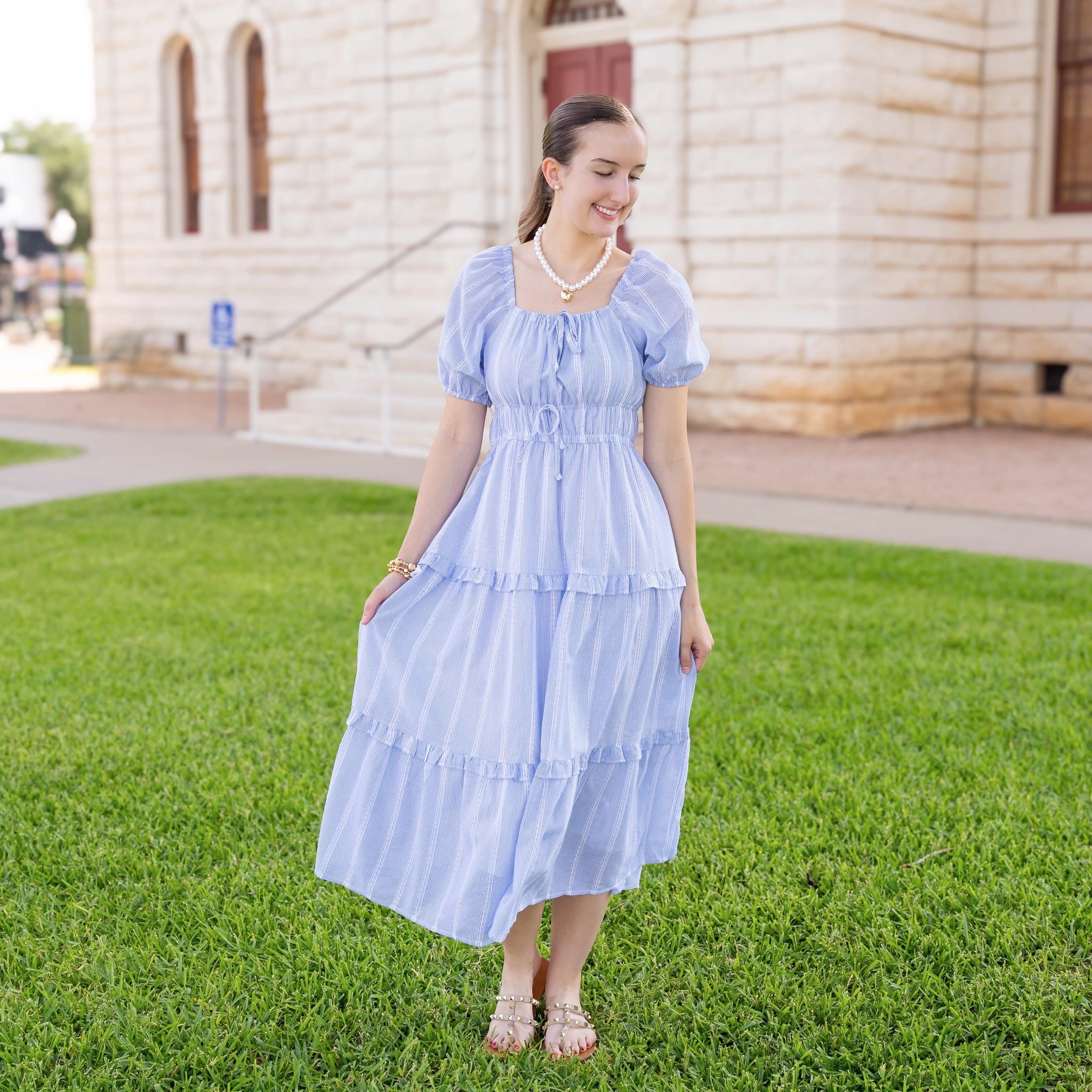 3251. Blue White Stripe Bubble Sleeve Dress | My Site